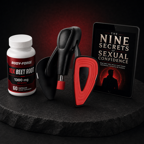 Three-quarter view of the Body-Forge trainer, beet-root supplement, and ebook displayed on a tablet